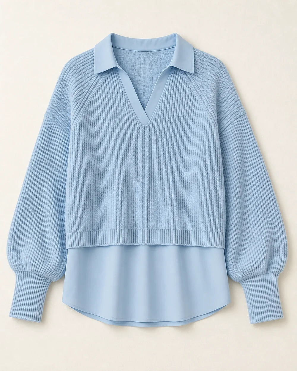 Women's powder-blue layered-look ribbed sweater, flat lay
