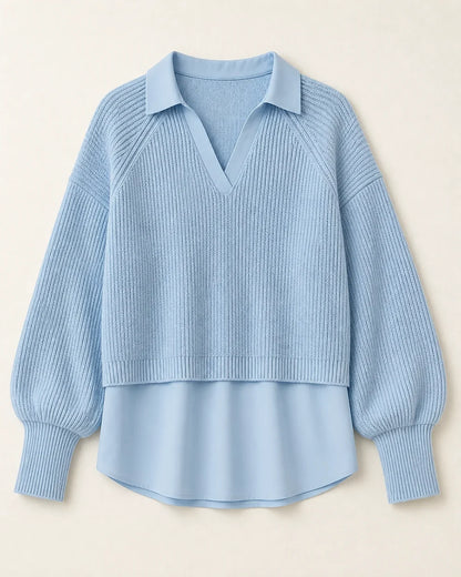 Women's powder-blue layered-look ribbed sweater, flat lay