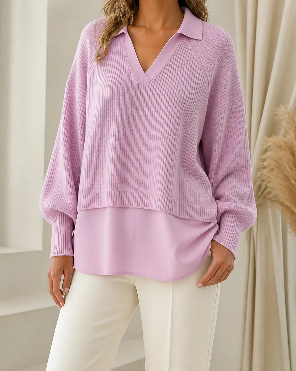 Women's pink layered-look ribbed sweater, worn front hero