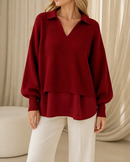 Women's red layered-look ribbed sweater, worn front hero