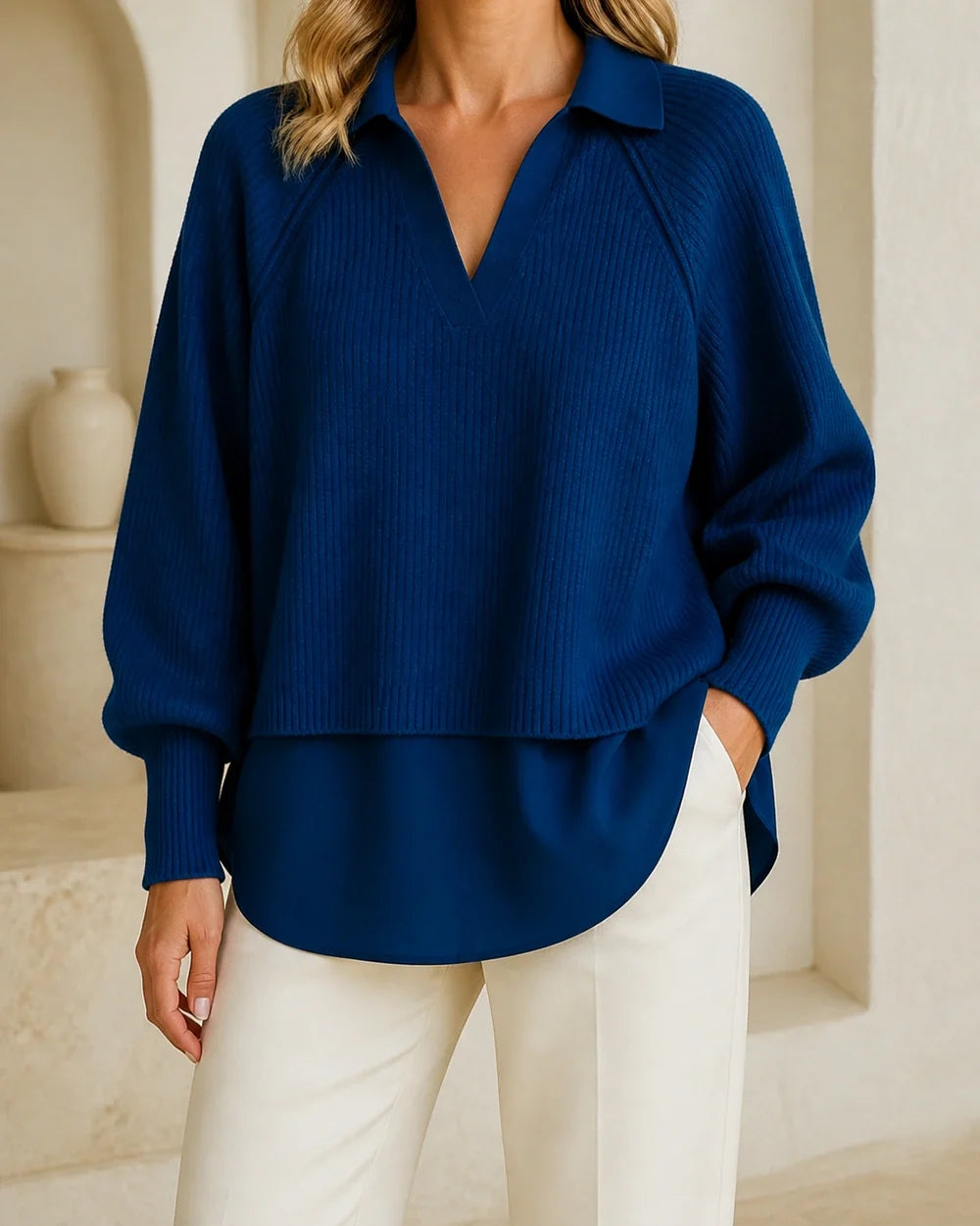Women's navy-blue layered-look ribbed sweater, worn front hero