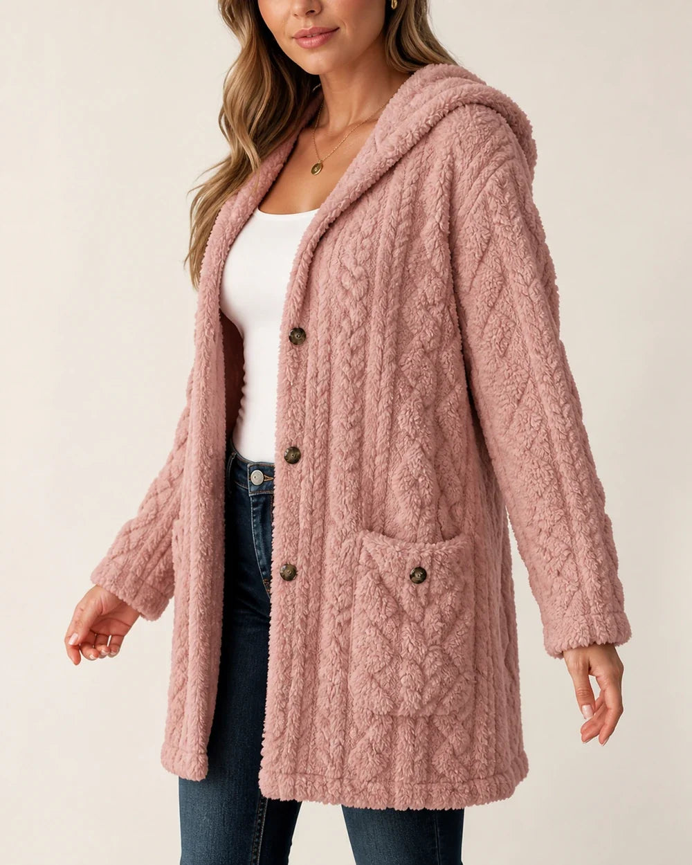 Women's long hooded cable-texture cardigan, pink three quarter