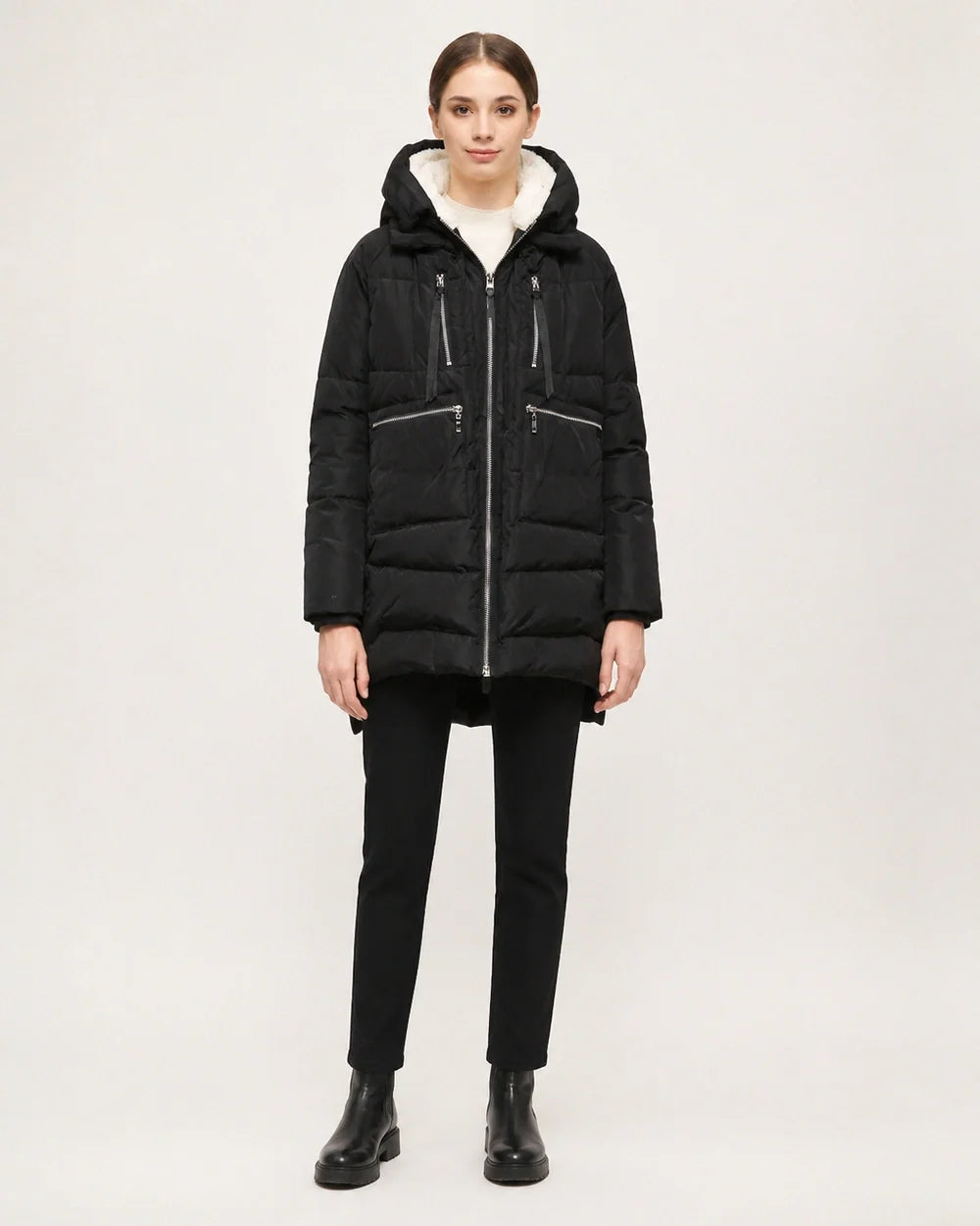 Momount women mid length fleece lined hooded puffer black