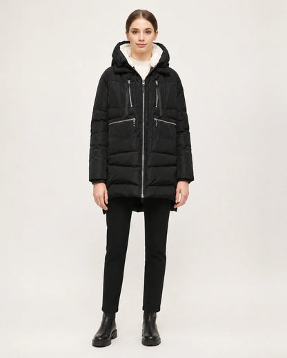 Momount women mid length fleece lined hooded puffer black