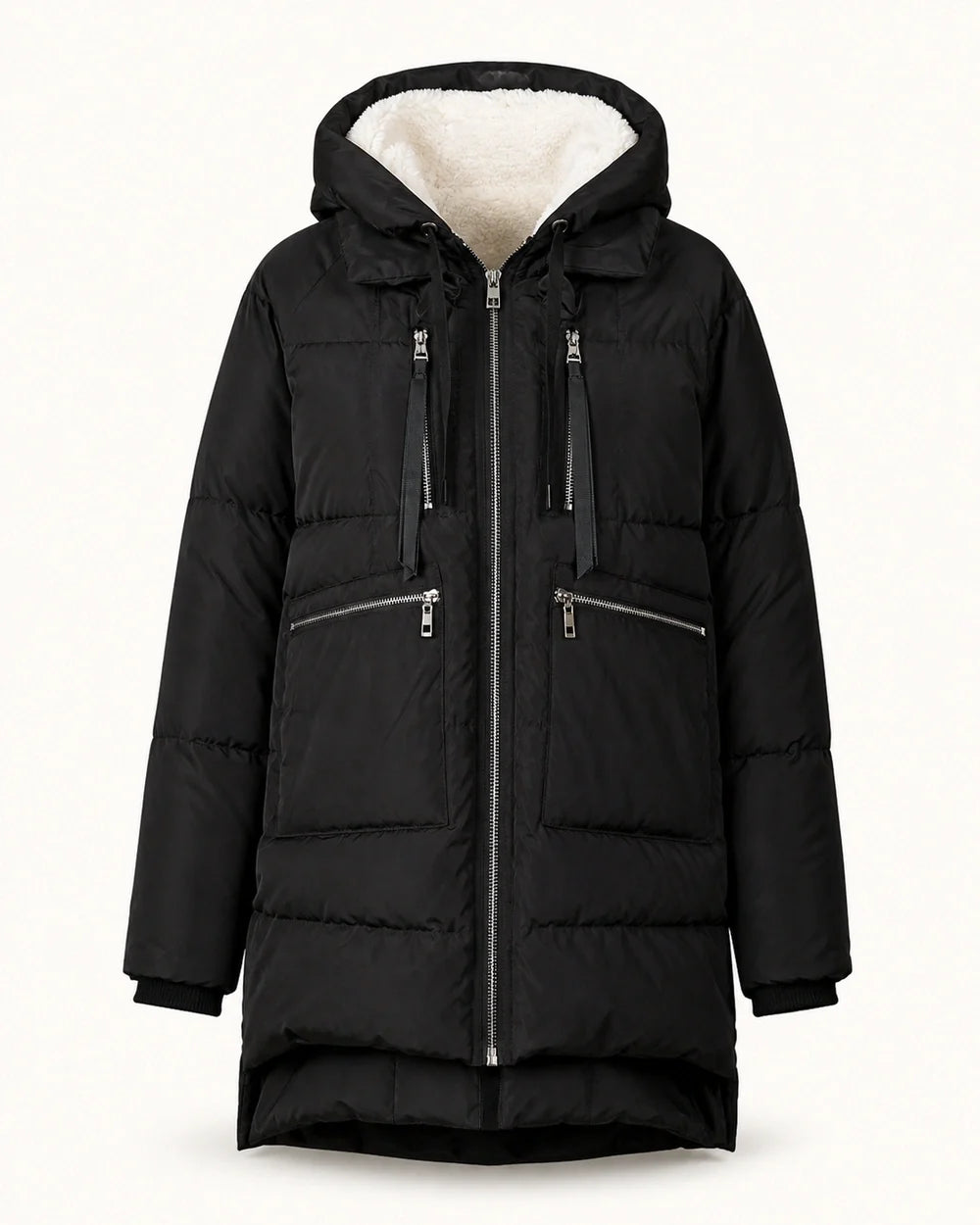Momount women mid length fleece lined hooded puffer black