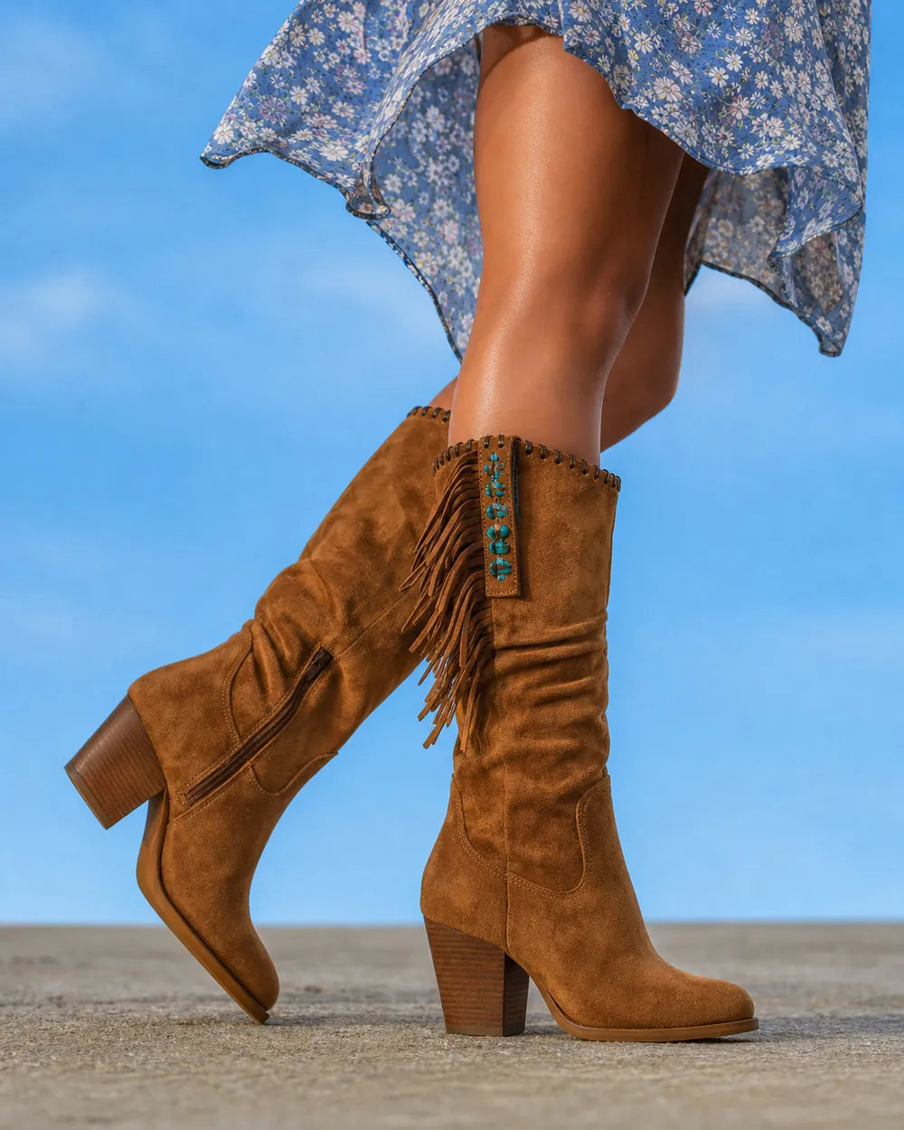 Momount Women Tiana Fringed Western Knee-High Boots – Block Heel, brown, lateral profile.