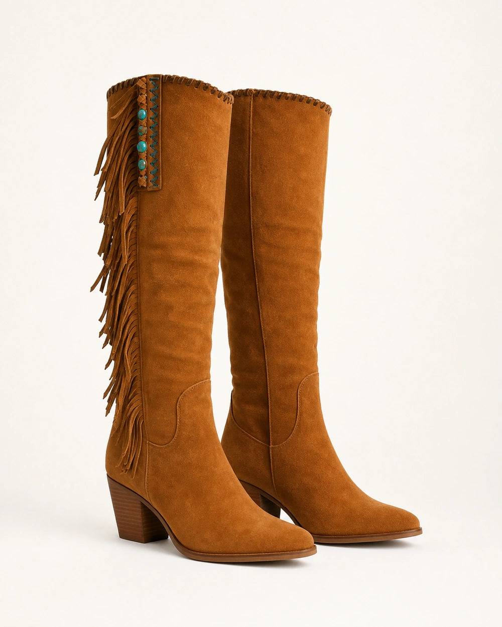 Momount Women Tiana Fringed Western Knee-High Boots – Block Heel, brown, product only.