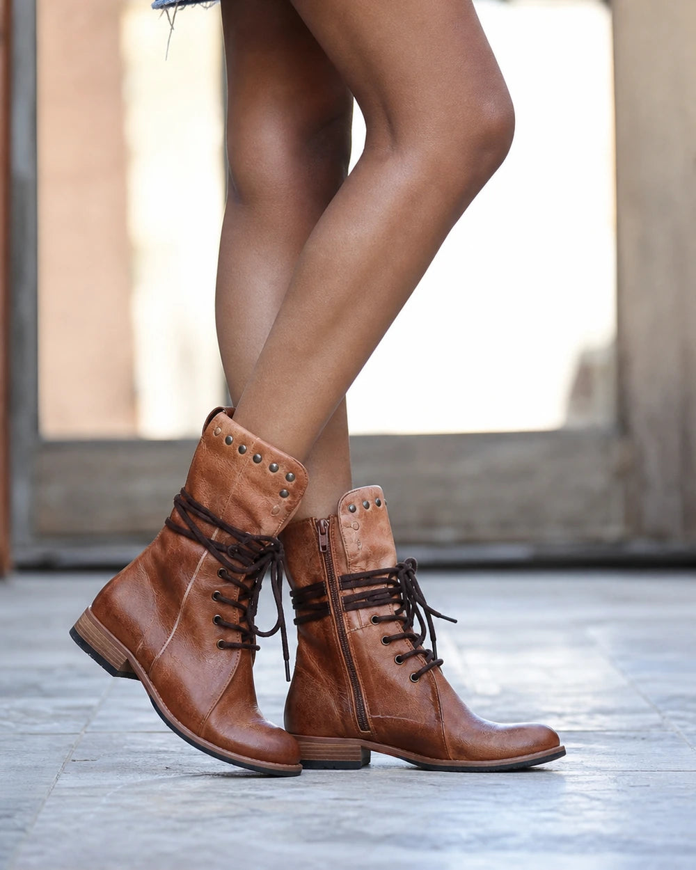 Momount Women Vintage Lace-Up Mid-Calf Boots – Studded Collar, Low Heel, brown, lateral profile.