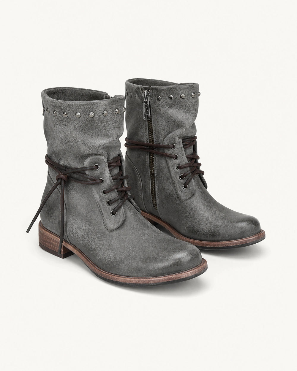 Momount Women Vintage Lace-Up Mid-Calf Boots – Studded Collar, Low Heel, grey, variant hero.