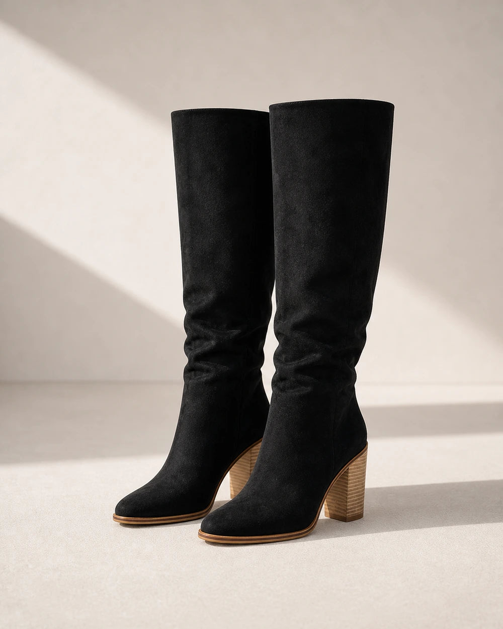 Women's black suede-effect knee-high boots, product-only pair.