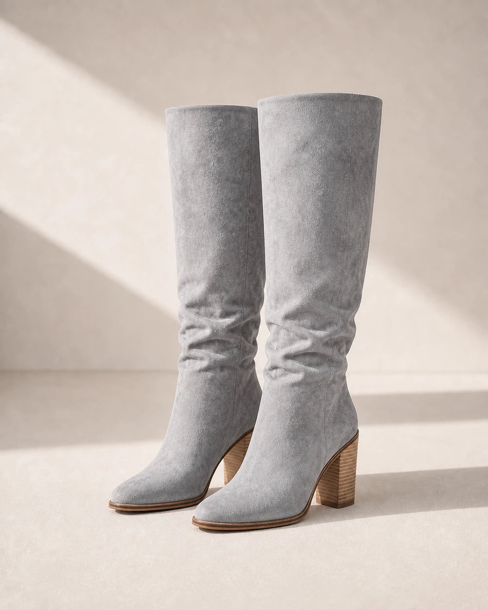 Women's light grey suede-effect knee-high boots, product-only pair.