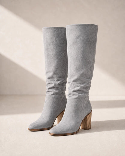 Women's light grey suede-effect knee-high boots, product-only pair.