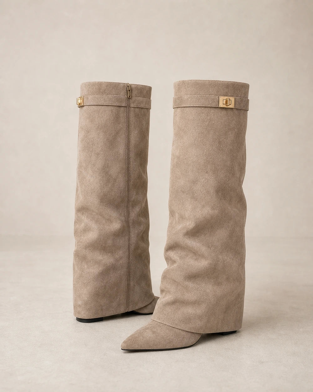 Women's beige suede-effect pointed-toe wedge knee-high boots, product-only pair.