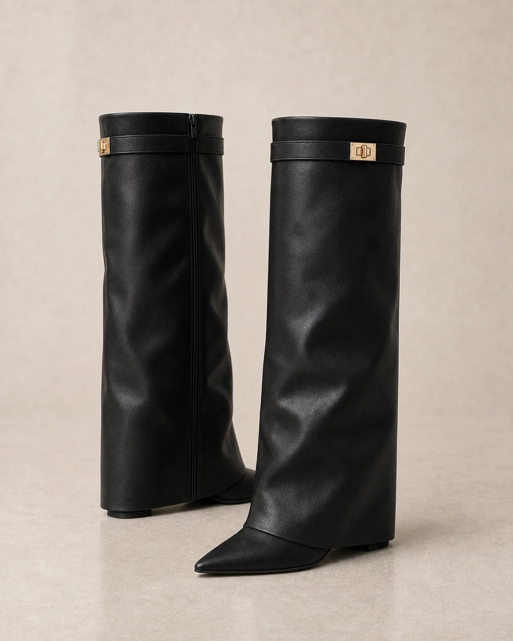 Women's black leather-effect pointed-toe wedge knee-high boots, product-only pair.