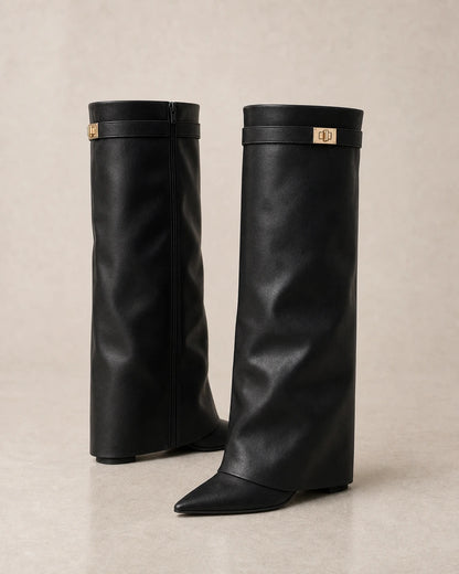 Women's black leather-effect pointed-toe wedge knee-high boots, product-only pair.