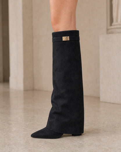 Women's black suede-effect wedge boot, pointed toe and gold-clasp detail.