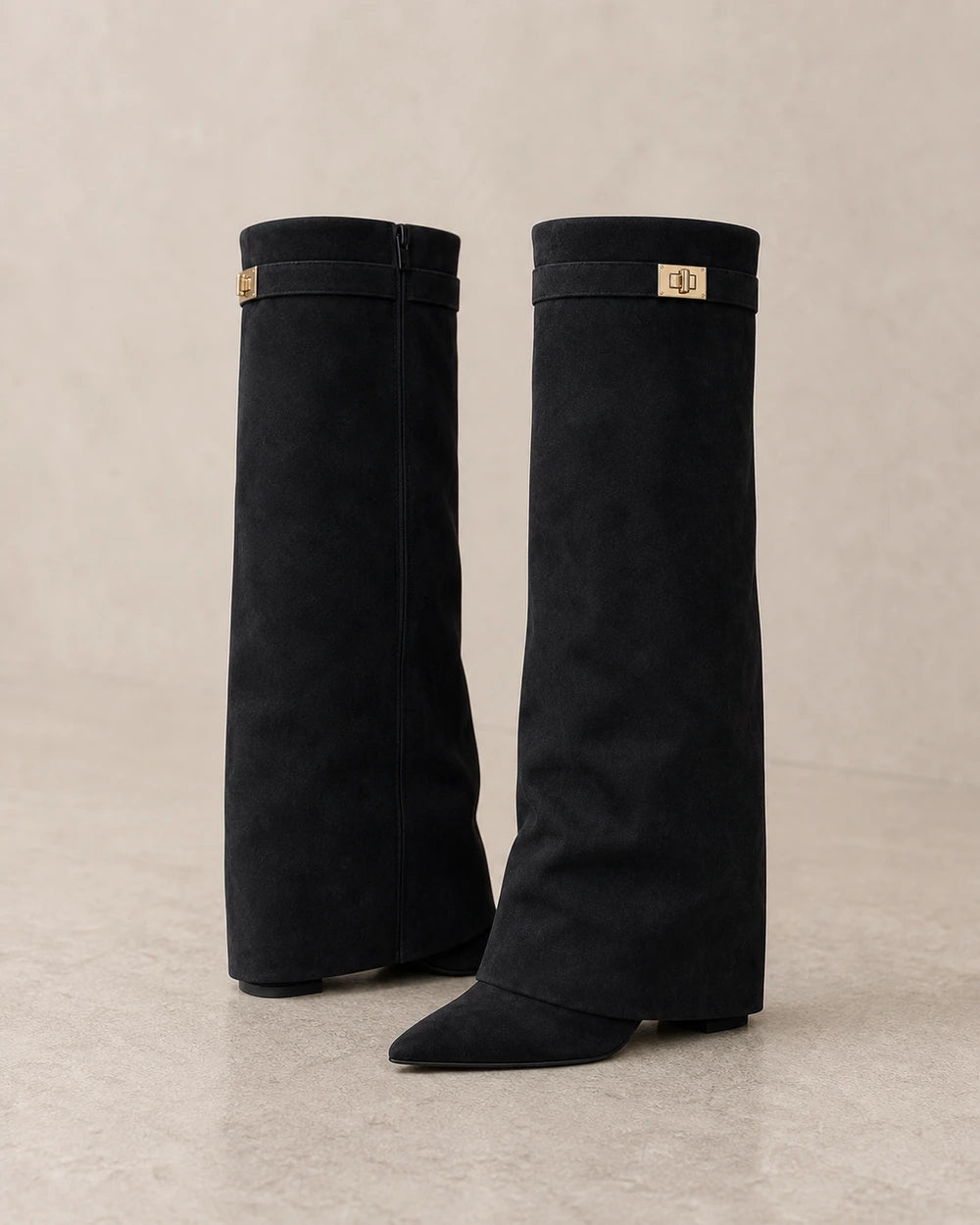 Women's black suede-effect pointed-toe wedge knee-high boots, product-only pair.
