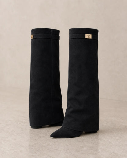 Women's black suede-effect pointed-toe wedge knee-high boots, product-only pair.