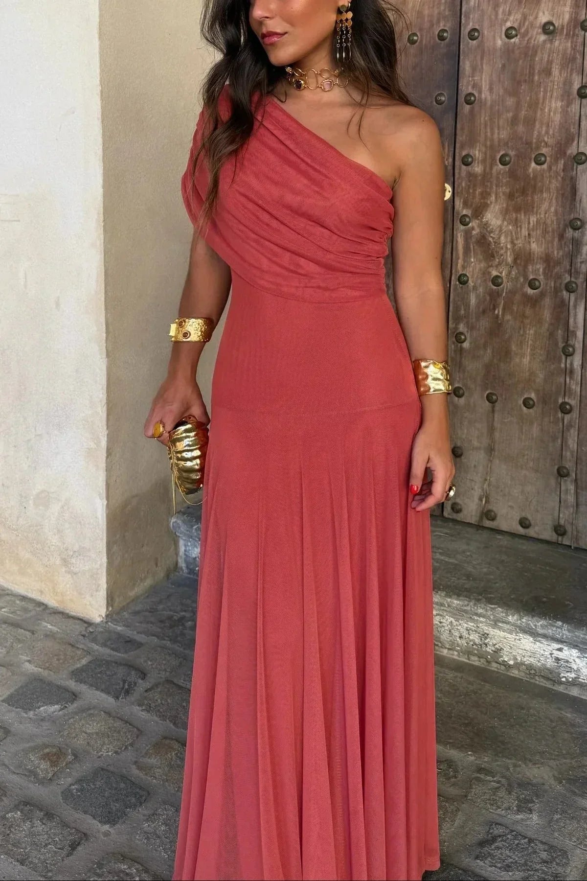 Ariadne | Rochie Maxi Chic de Vară cu Un Umăr, Drapată, Fără Mâneci