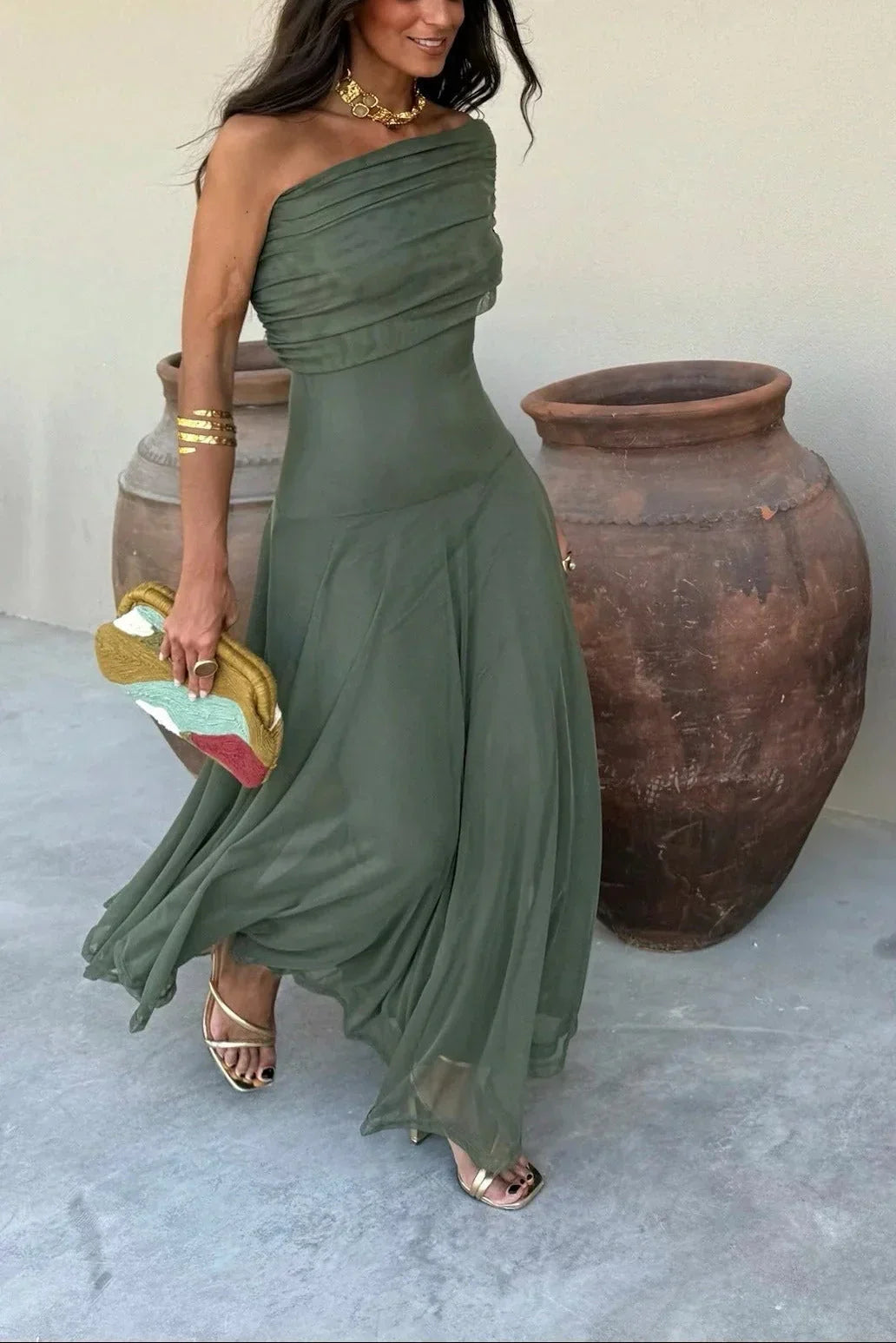 Ariadne | Rochie Maxi Chic de Vară cu Un Umăr, Drapată, Fără Mâneci