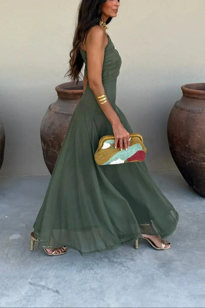 Ariadne | Rochie Maxi Chic de Vară cu Un Umăr, Drapată, Fără Mâneci