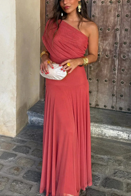 Ariadne | Rochie Maxi Chic de Vară cu Un Umăr, Drapată, Fără Mâneci