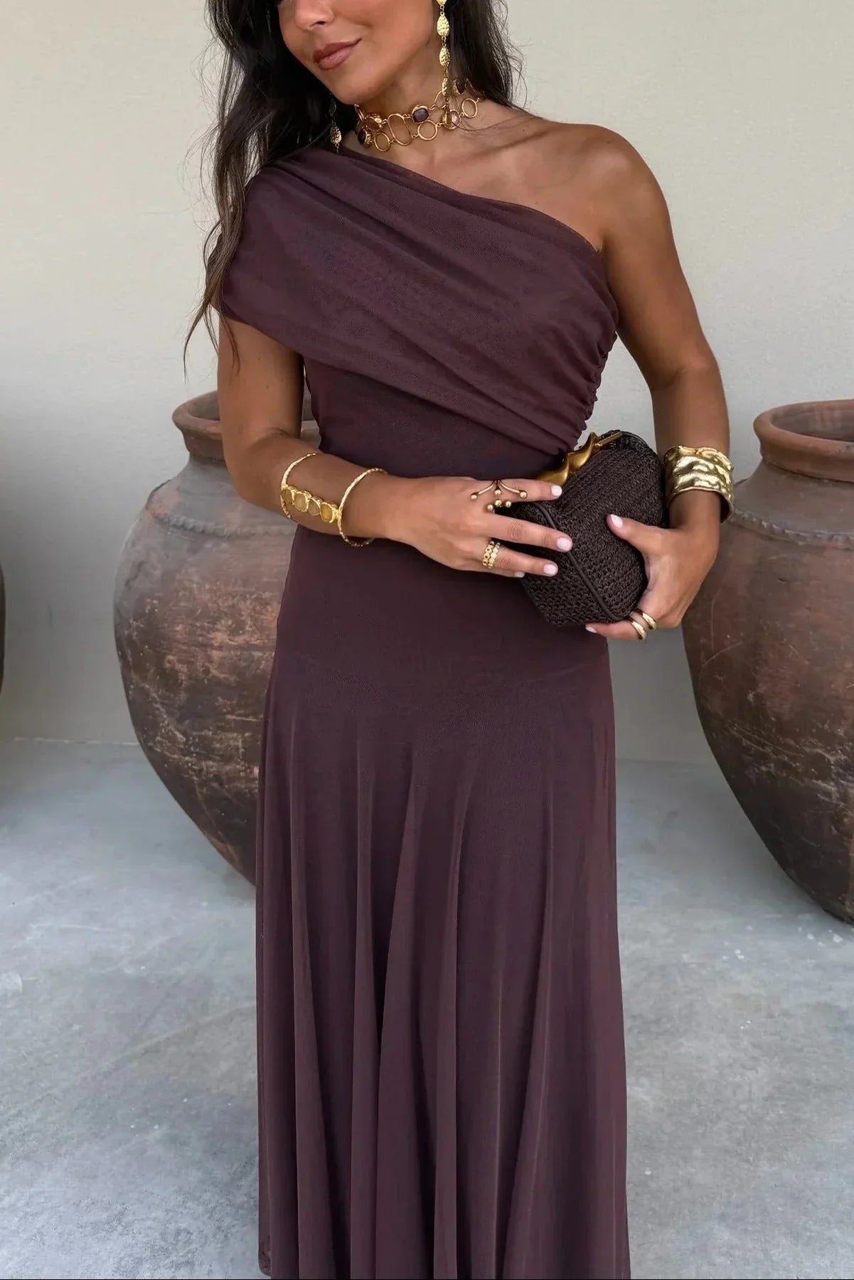 Ariadne | Rochie Maxi Chic de Vară cu Un Umăr, Drapată, Fără Mâneci