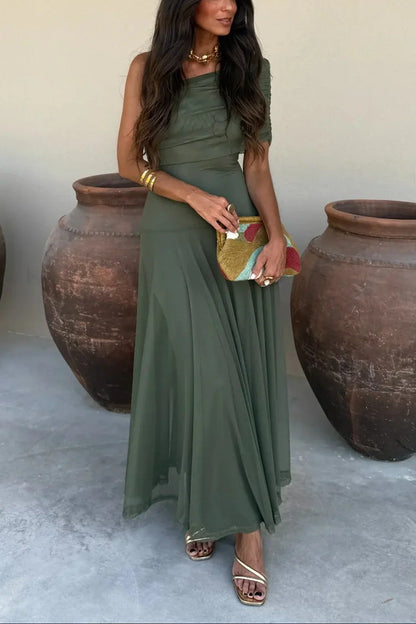 Ariadne | Rochie Maxi Chic de Vară cu Un Umăr, Drapată, Fără Mâneci