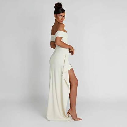 Daniela | Rochie Maxi Eleganta de Seară Umăr Coborât, Drapată, Despicătură Înaltă