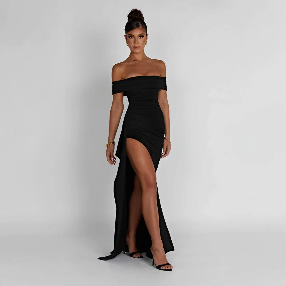 Daniela | Rochie Maxi Eleganta de Seară Umăr Coborât, Drapată, Despicătură Înaltă