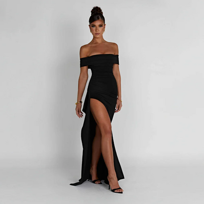Daniela | Rochie Maxi Eleganta de Seară Umăr Coborât, Drapată, Despicătură Înaltă