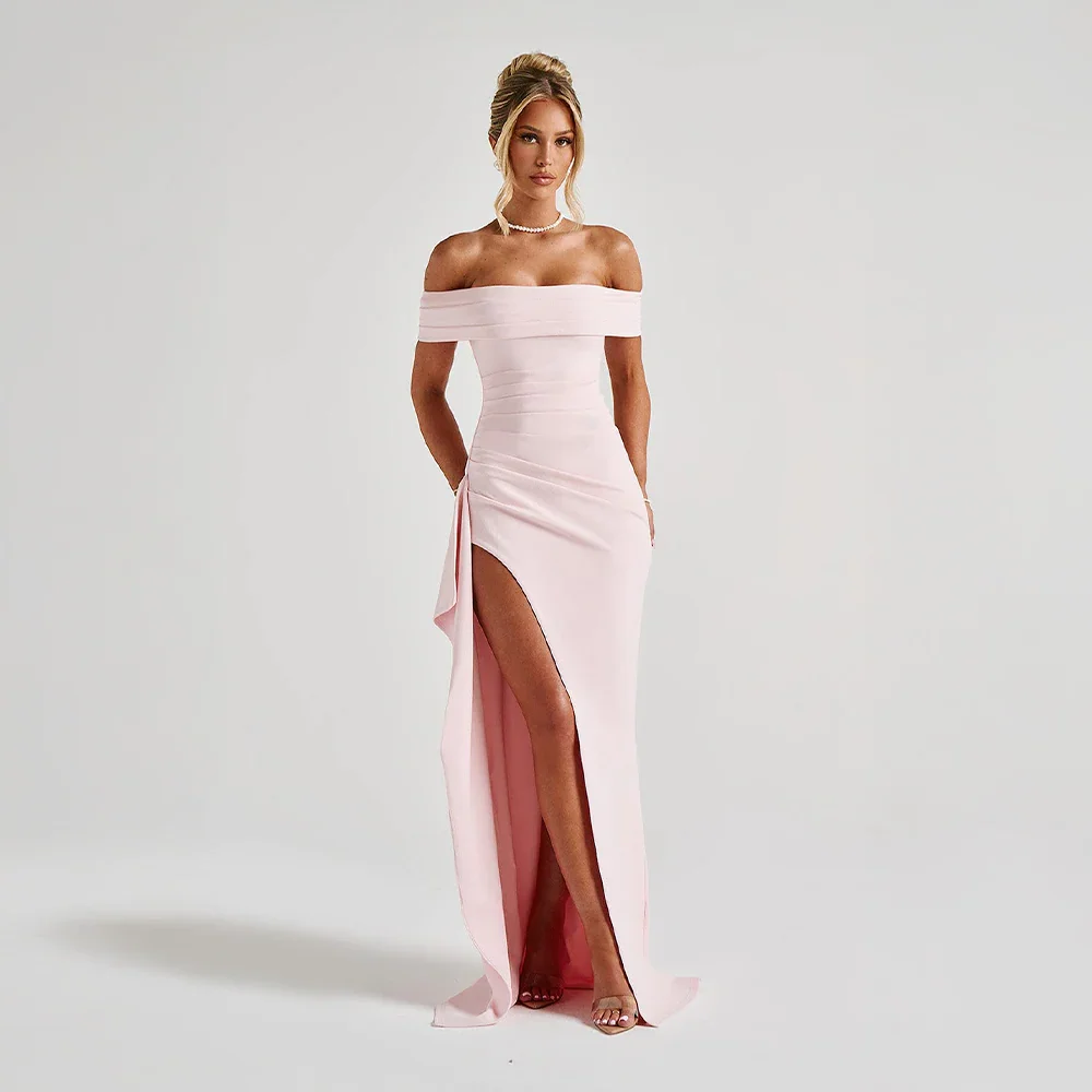 Daniela | Rochie Maxi Eleganta de Seară Umăr Coborât, Drapată, Despicătură Înaltă