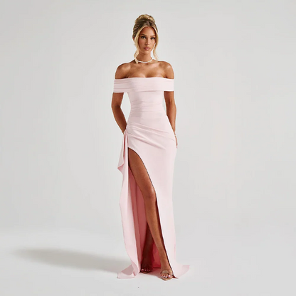 Daniela | Rochie Maxi Eleganta de Seară Umăr Coborât, Drapată, Despicătură Înaltă