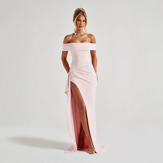 Daniela | Rochie Maxi Eleganta de Seară Umăr Coborât, Drapată, Despicătură Înaltă