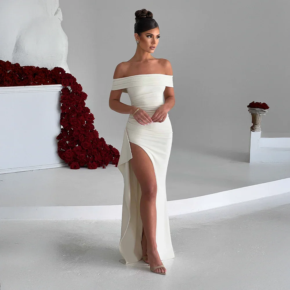 Daniela | Rochie Maxi Eleganta de Seară Umăr Coborât, Drapată, Despicătură Înaltă
