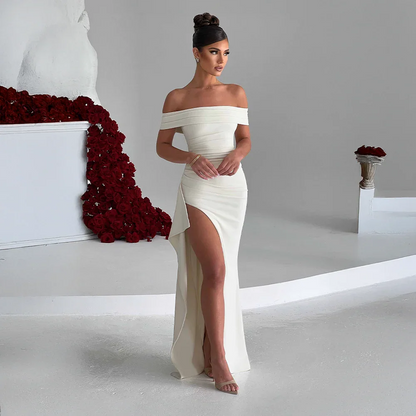 Daniela | Rochie Maxi Eleganta de Seară Umăr Coborât, Drapată, Despicătură Înaltă