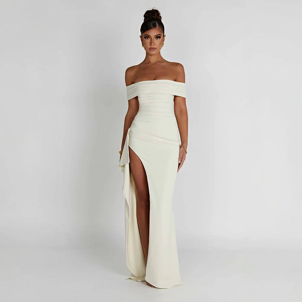 Daniela | Rochie Maxi Eleganta de Seară Umăr Coborât, Drapată, Despicătură Înaltă