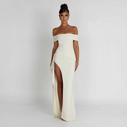 Daniela | Rochie Maxi Eleganta de Seară Umăr Coborât, Drapată, Despicătură Înaltă