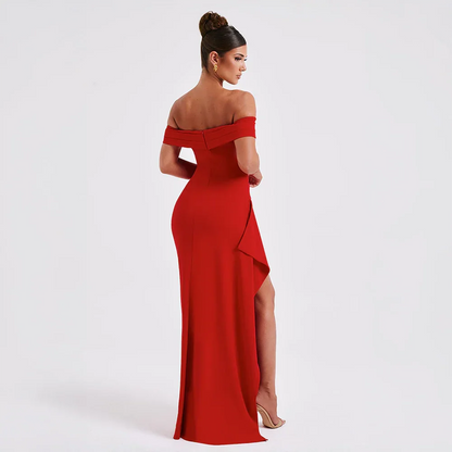 Daniela | Rochie Maxi Eleganta de Seară Umăr Coborât, Drapată, Despicătură Înaltă