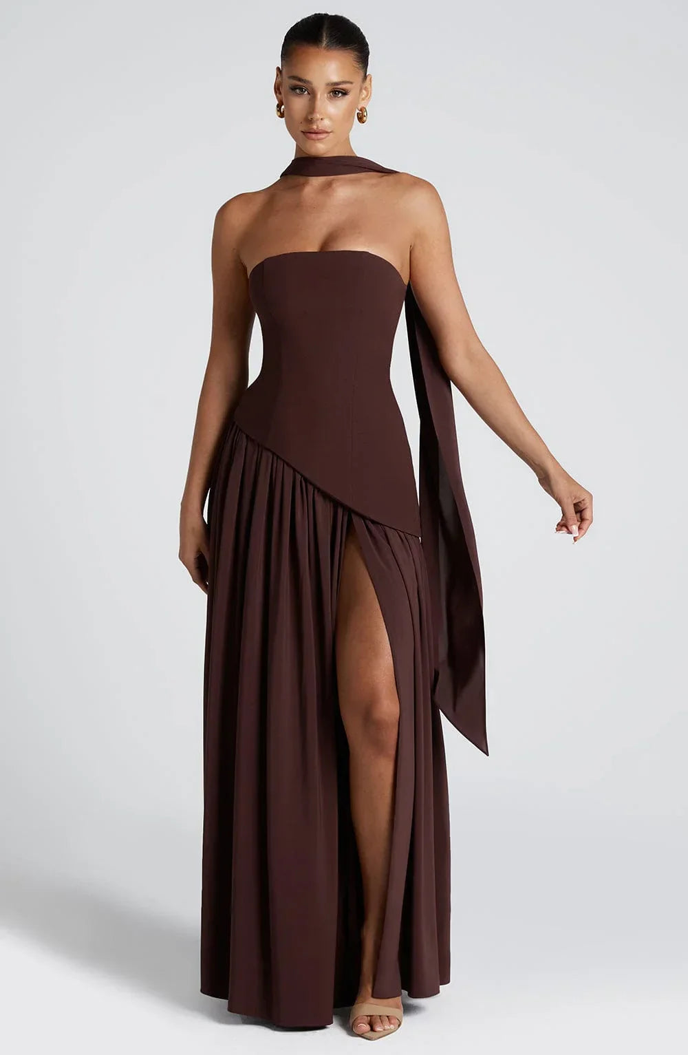 Calista | Rochie Maxi Eleganta Bustieră cu Detaliu Eșarfă și Despicătură