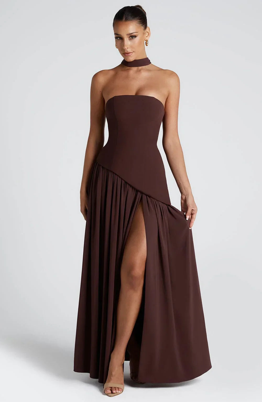 Calista | Rochie Maxi Eleganta Bustieră cu Detaliu Eșarfă și Despicătură