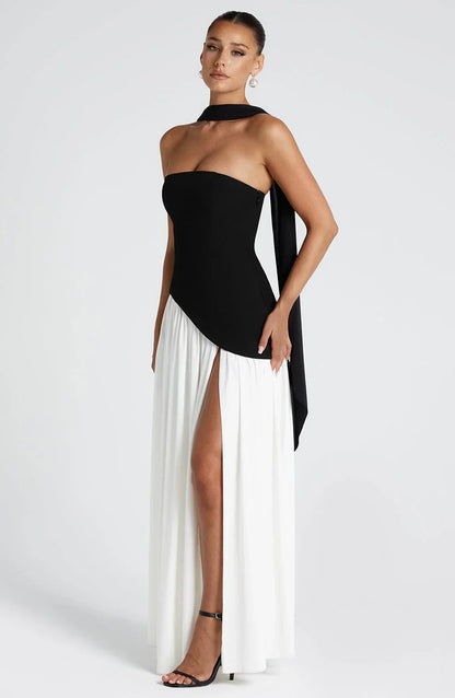 Calista | Rochie Maxi Eleganta Bustieră cu Detaliu Eșarfă și Despicătură
