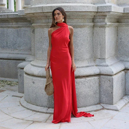 Ottavia | Rochie Maxi de Seară din Satin Drapat pe Un Umăr cu Cape