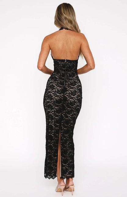 Anatolia | Rochie Maxi Eleganta de Seară Dantelă Florală, Halter Adânc, Spate Gol