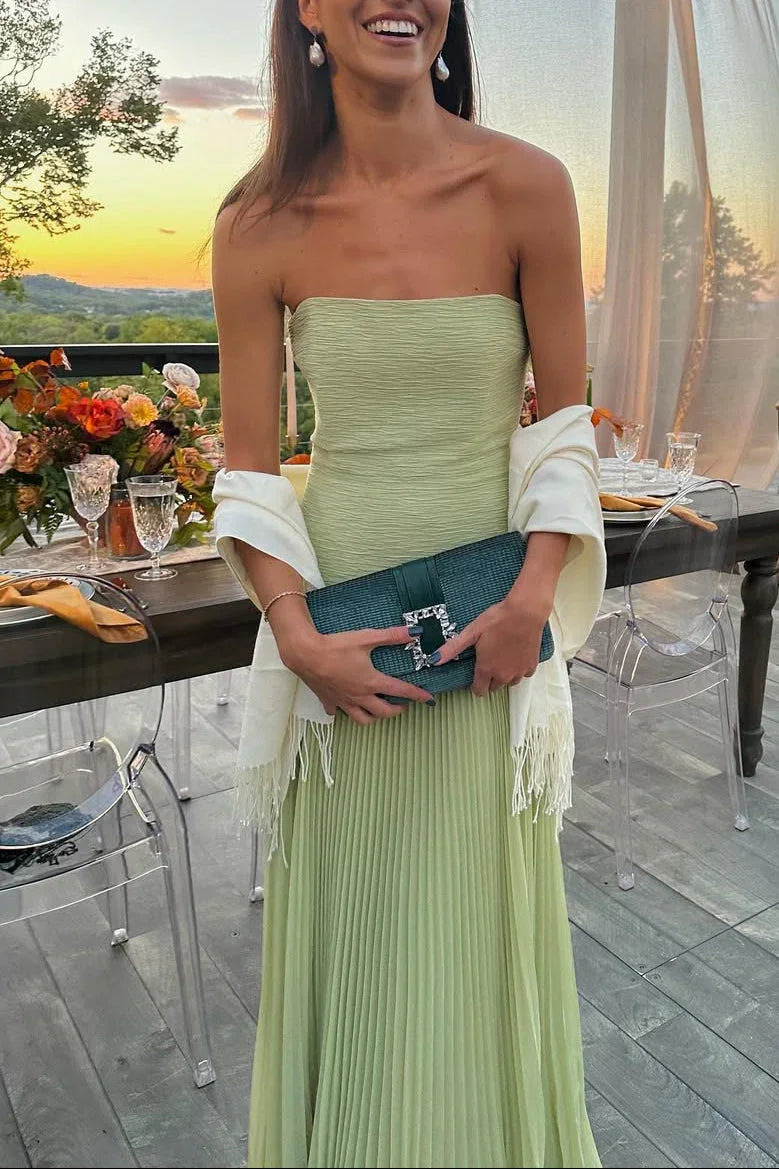 Emiliana | Rochie Maxi Plisată din Satin cu Despicătură, Bretele, Vaporoasă