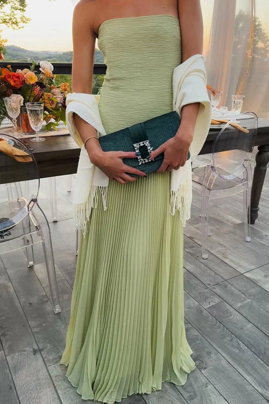 Emiliana | Rochie Maxi Plisată din Satin cu Despicătură, Bretele, Vaporoasă
