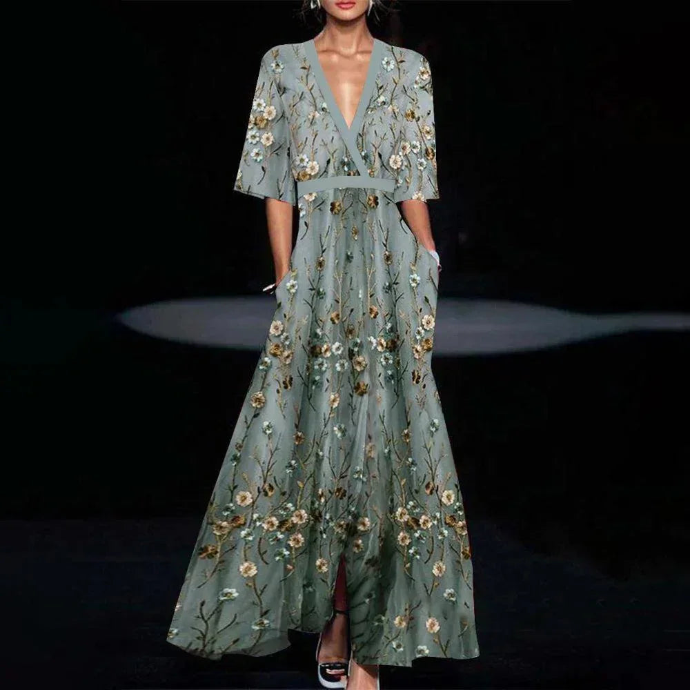 Fiorella | Rochie Maxi Boho cu Decolteu V Mânecă Lungă Curgătoare de Primăvară