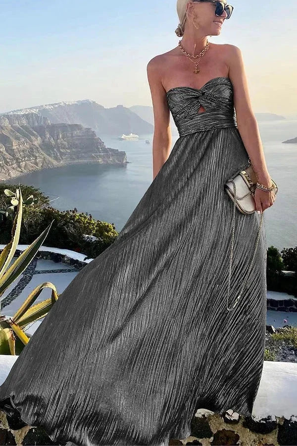 Theodora | Rochie Maxi Glam Strălucitoare cu Pliuri, Fără Bretele, cu Răsucire