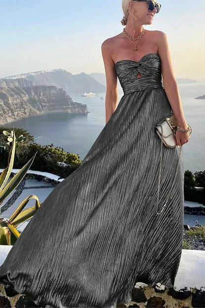 Theodora | Rochie Maxi Glam Strălucitoare cu Pliuri, Fără Bretele, cu Răsucire