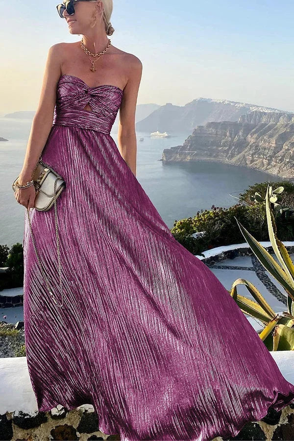 Theodora | Rochie Maxi Glam Strălucitoare cu Pliuri, Fără Bretele, cu Răsucire